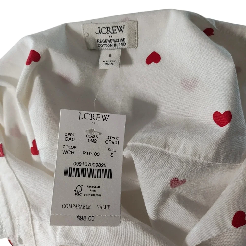 J.‎ Crew NEW Heart Print Button Down Shirt White Ruffle Collar Cute Small NWT